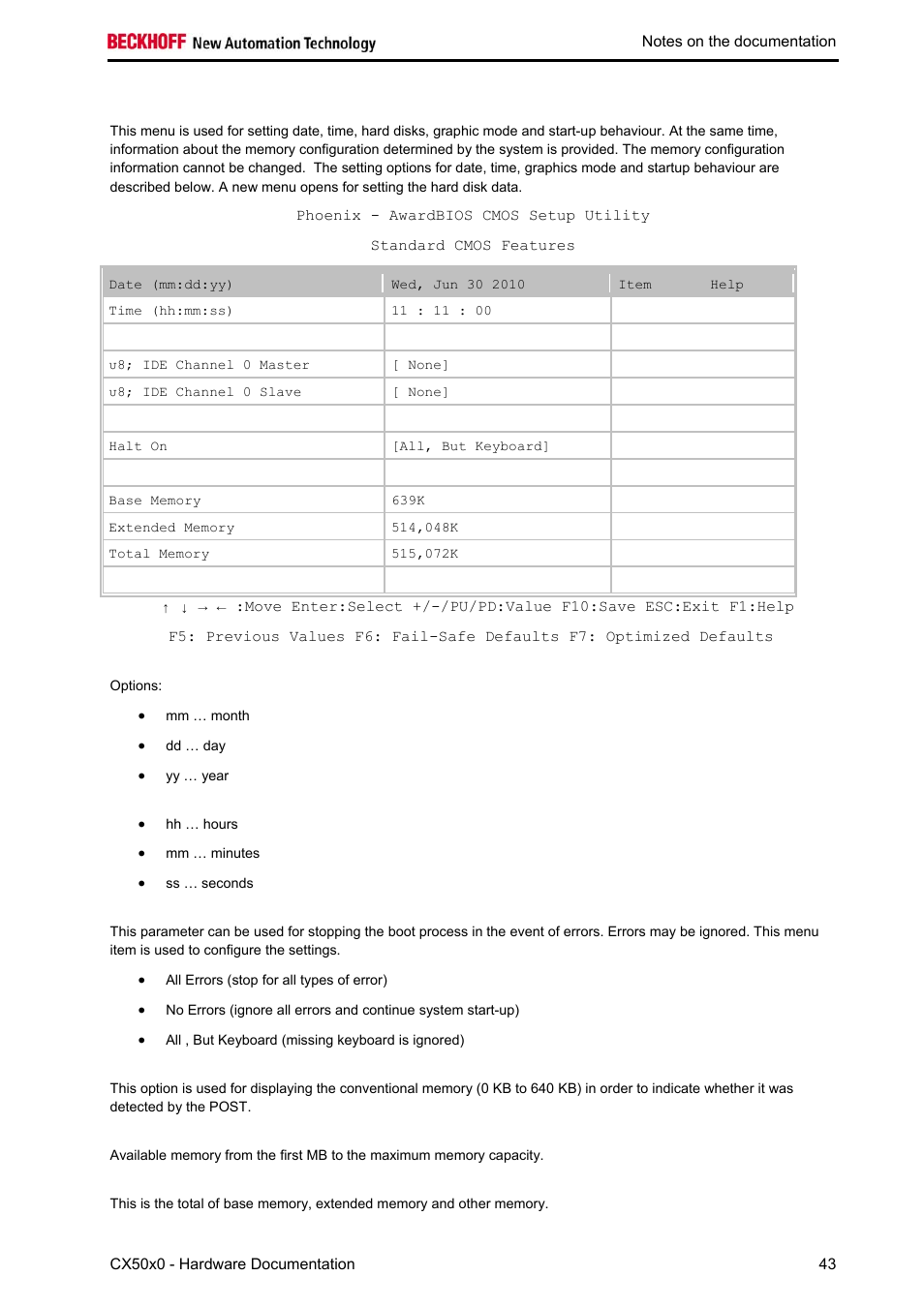 Standard cmos features | BECKHOFF CX50x0 User Manual | Page 45 / 77