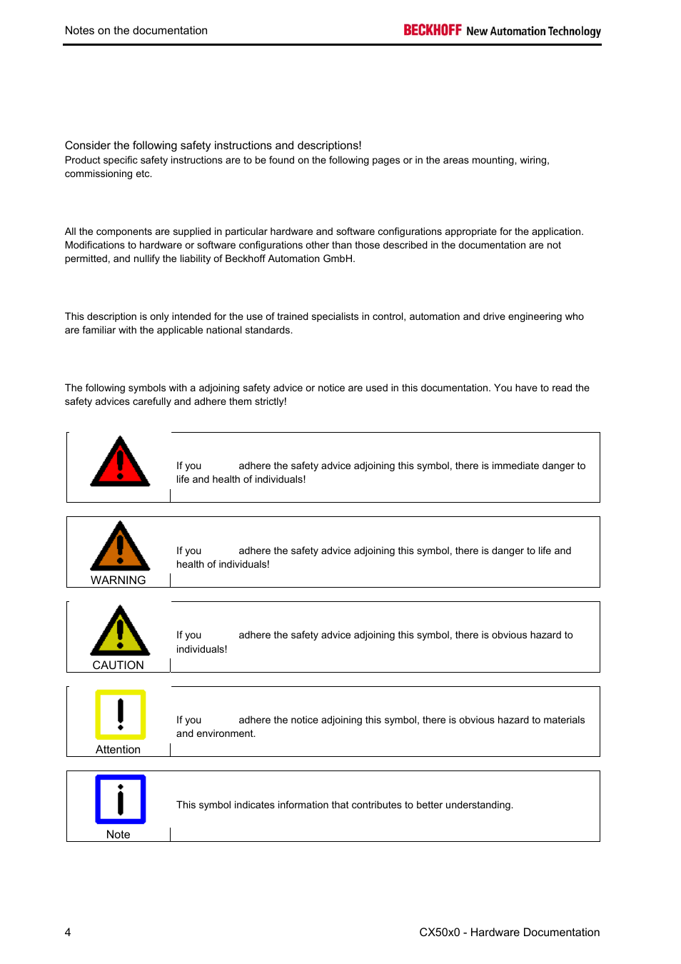 Safety instructions safety rules, Disclaimer, Personnel qualification | Description of symbols | BECKHOFF CX50x0 User Manual | Page 6 / 77