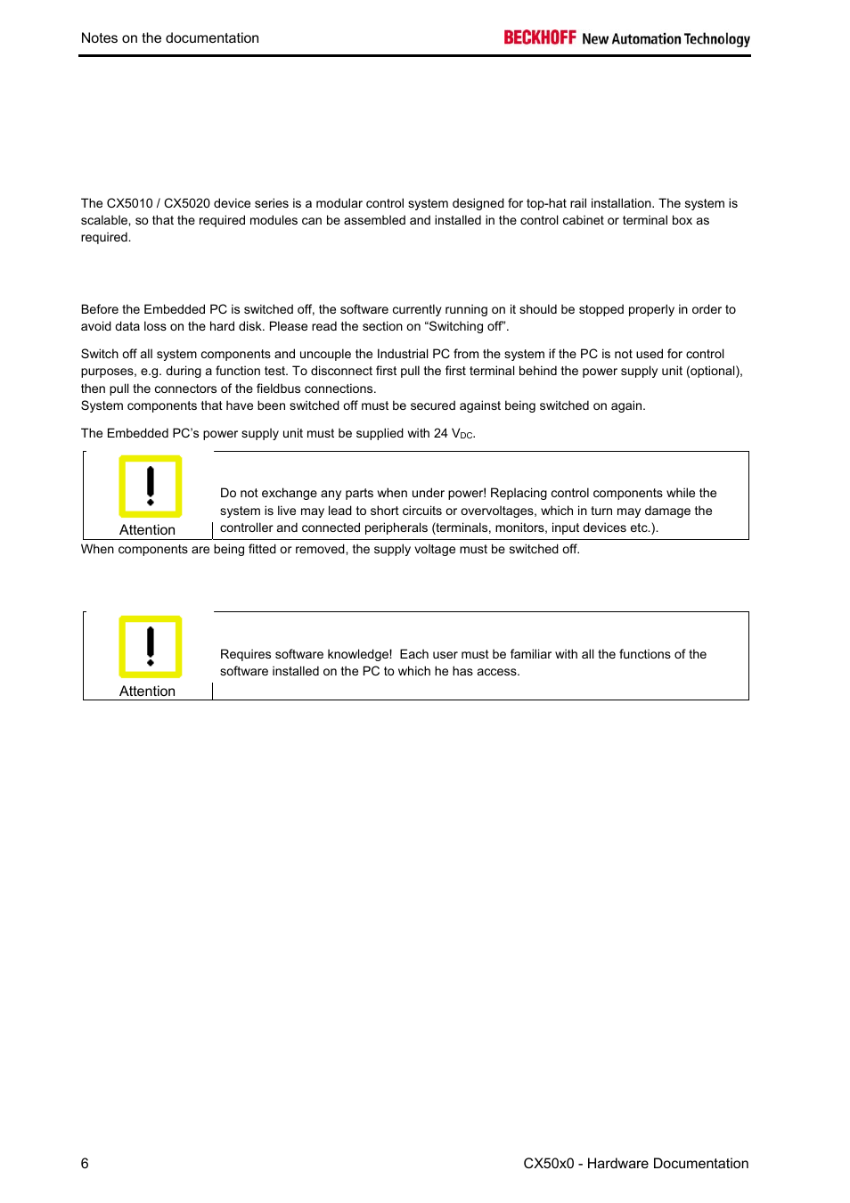 Product overview, Intended use, Only switch the pc off after closing the software | Software knowledge | BECKHOFF CX50x0 User Manual | Page 8 / 77