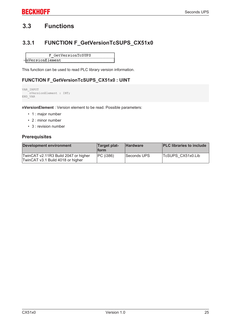 3 functions, 1 function f_getversiontcsups_cx51x0 | BECKHOFF CX51x0 User Manual | Page 25 / 87