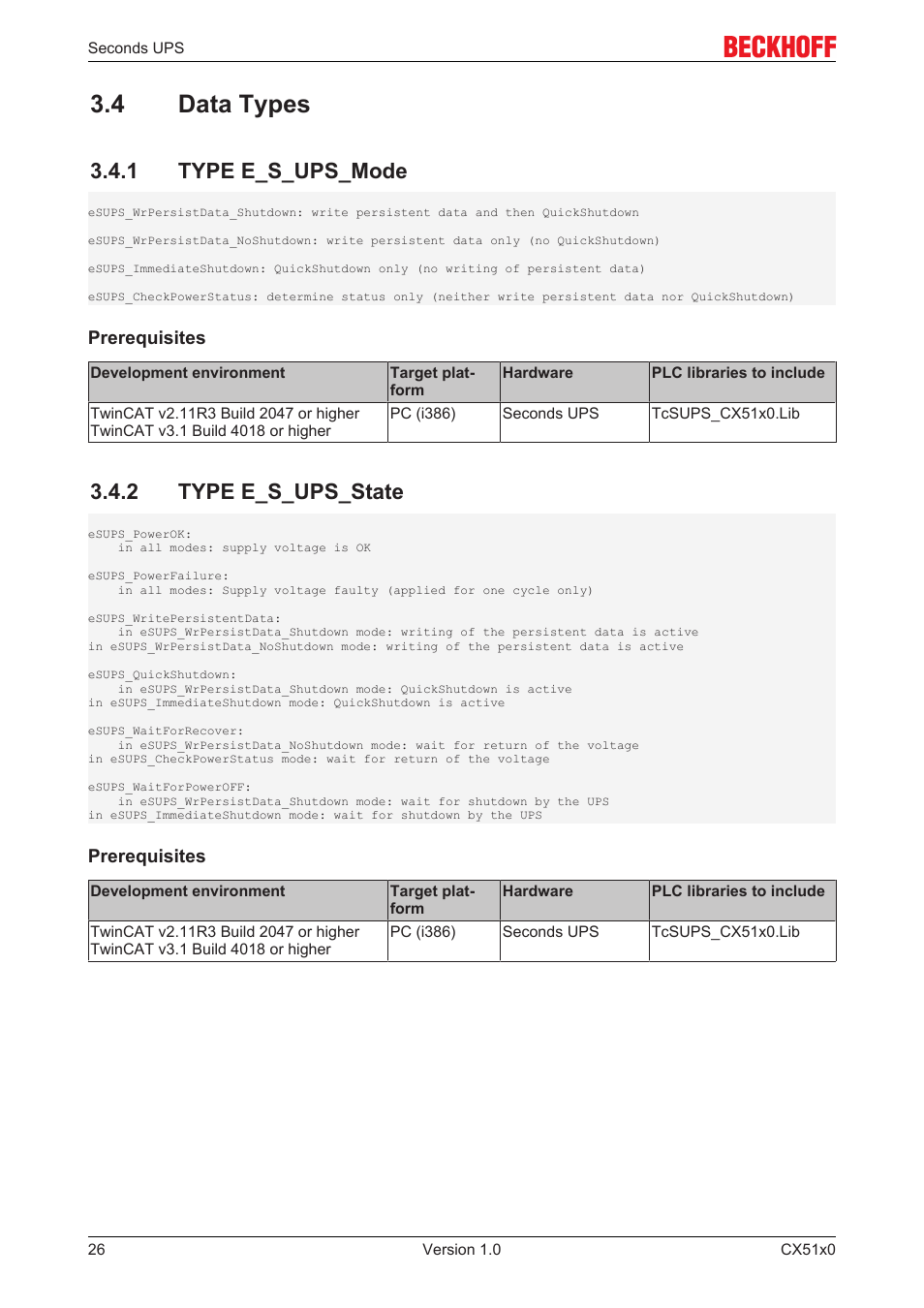 4 data types, 1 type e_s_ups_mode, 2 type e_s_ups_state | BECKHOFF CX51x0 User Manual | Page 26 / 87