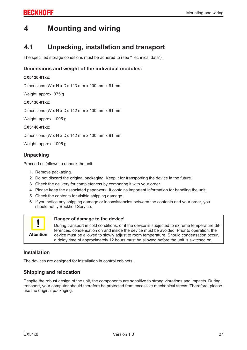 4 mounting and wiring, 1 unpacking, installation and transport, 4mounting and wiring | BECKHOFF CX51x0 User Manual | Page 27 / 87