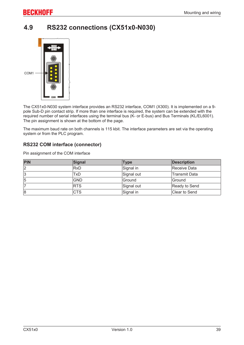 9 rs232 connections (cx51x0-n030) | BECKHOFF CX51x0 User Manual | Page 39 / 87