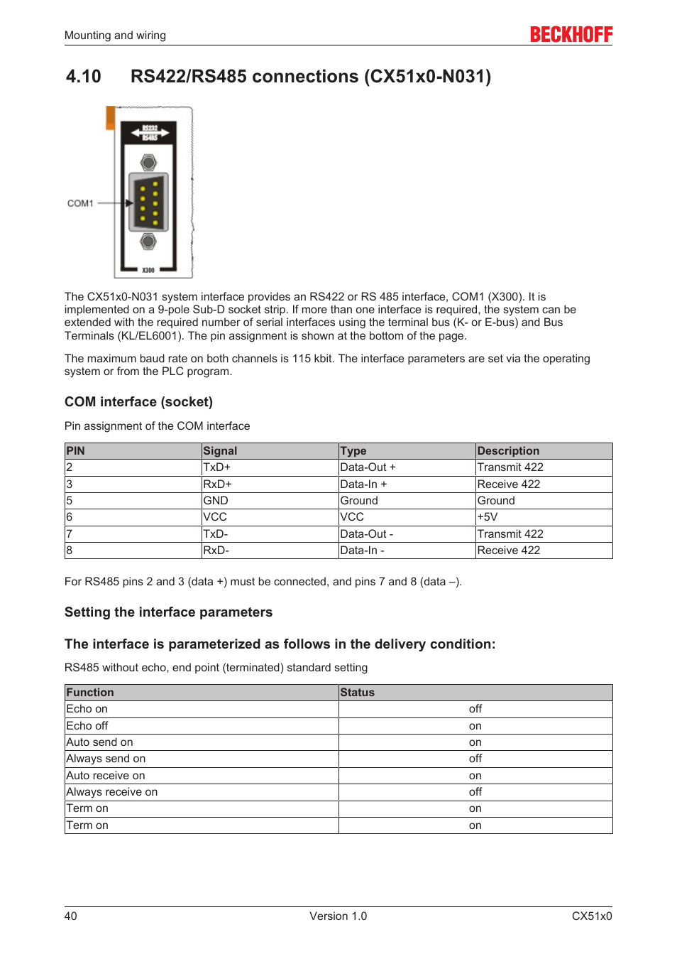 10 rs422/rs485 connections (cx51x0-n031) | BECKHOFF CX51x0 User Manual | Page 40 / 87