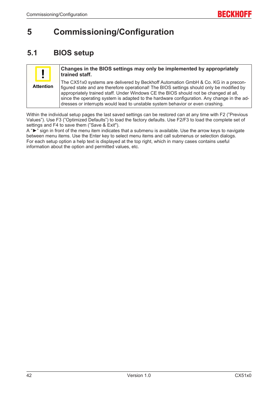 5 commissioning/configuration, 1 bios setup, 5commissioning/configuration | BECKHOFF CX51x0 User Manual | Page 42 / 87