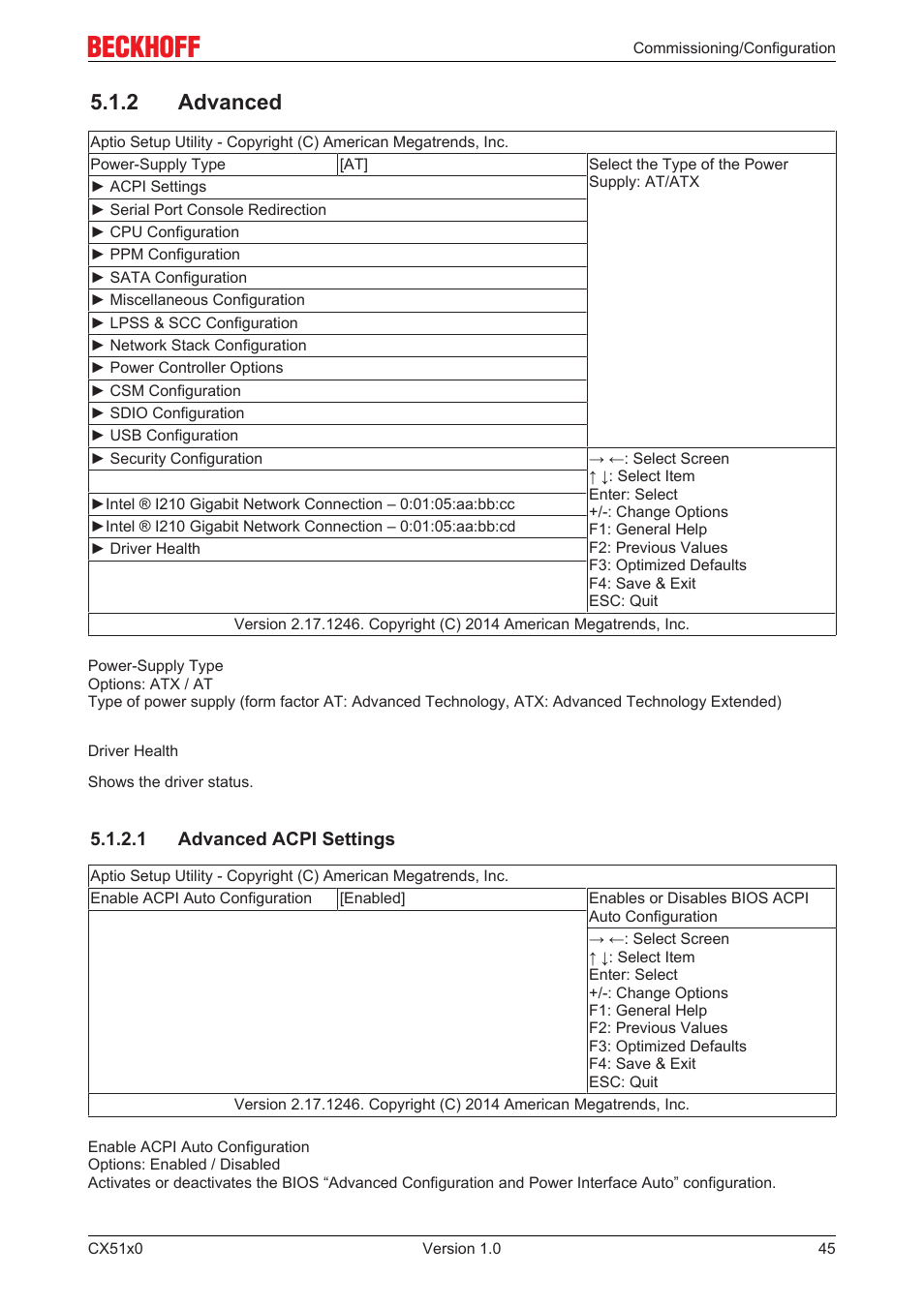 2 advanced, 1 advanced acpi settings | BECKHOFF CX51x0 User Manual | Page 45 / 87