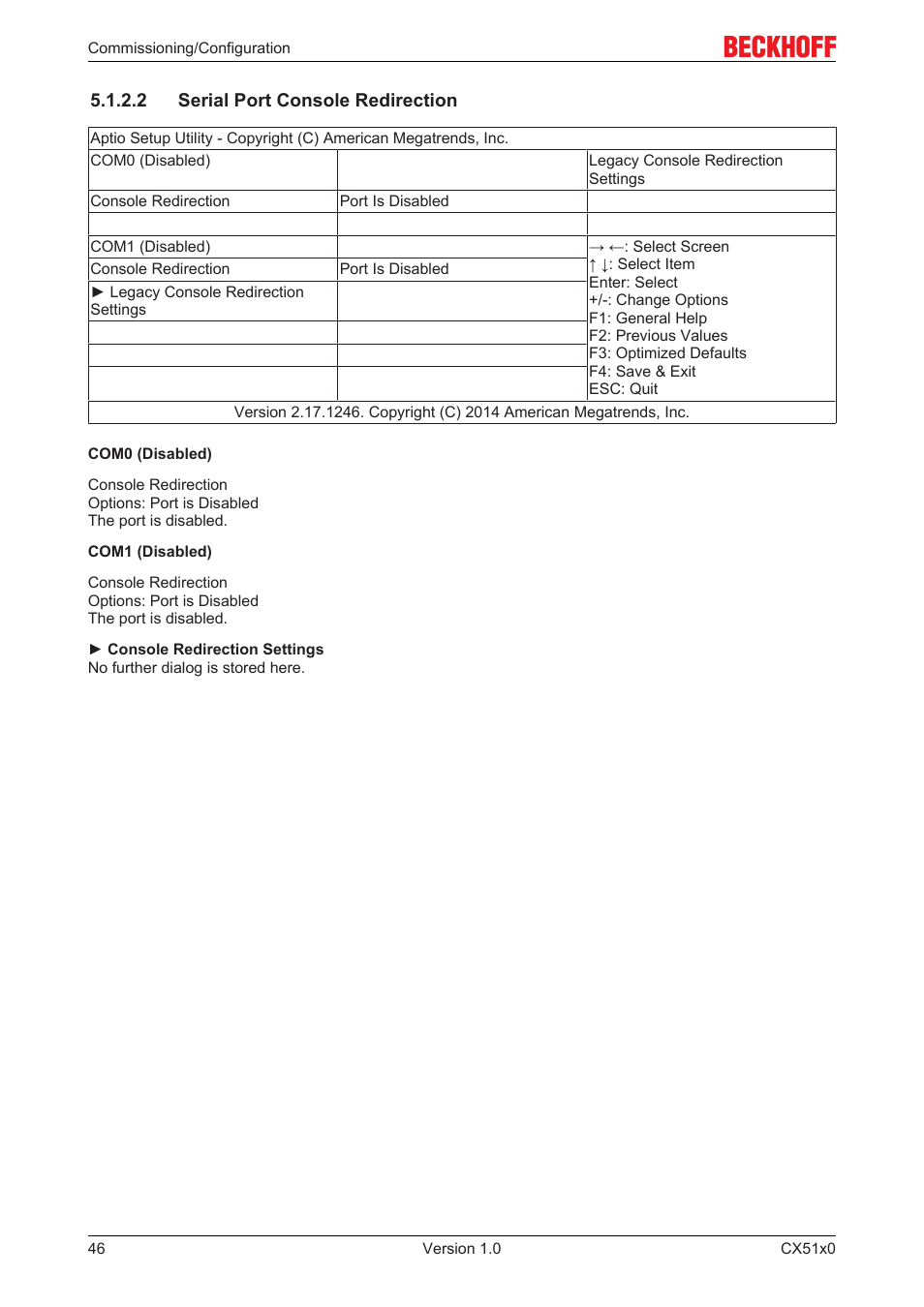 2 serial port console redirection | BECKHOFF CX51x0 User Manual | Page 46 / 87