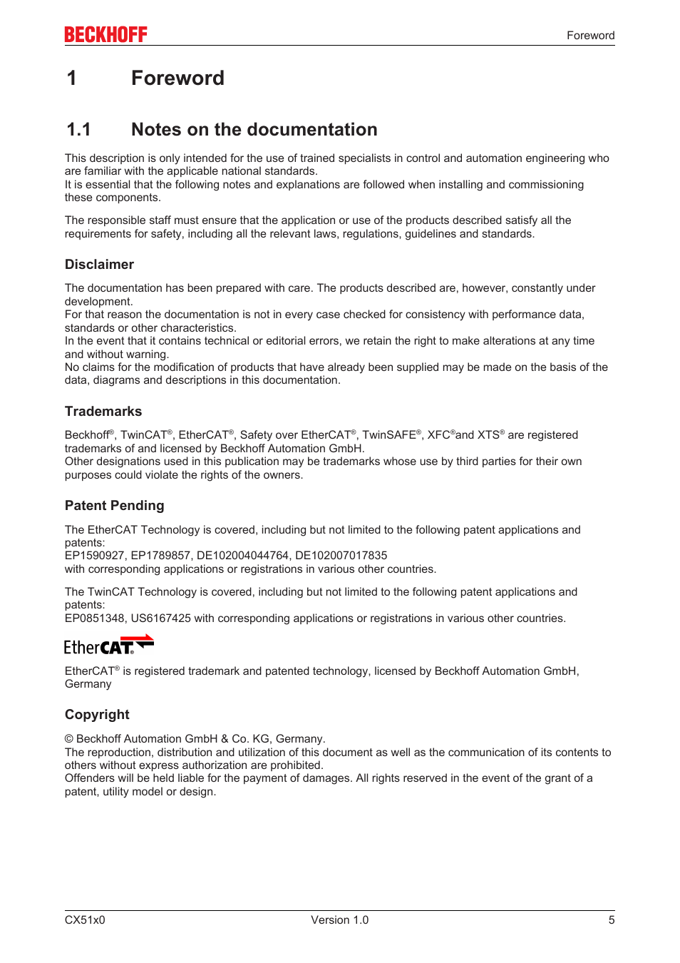 1 foreword, 1 notes on the documentation, 1foreword | BECKHOFF CX51x0 User Manual | Page 5 / 87