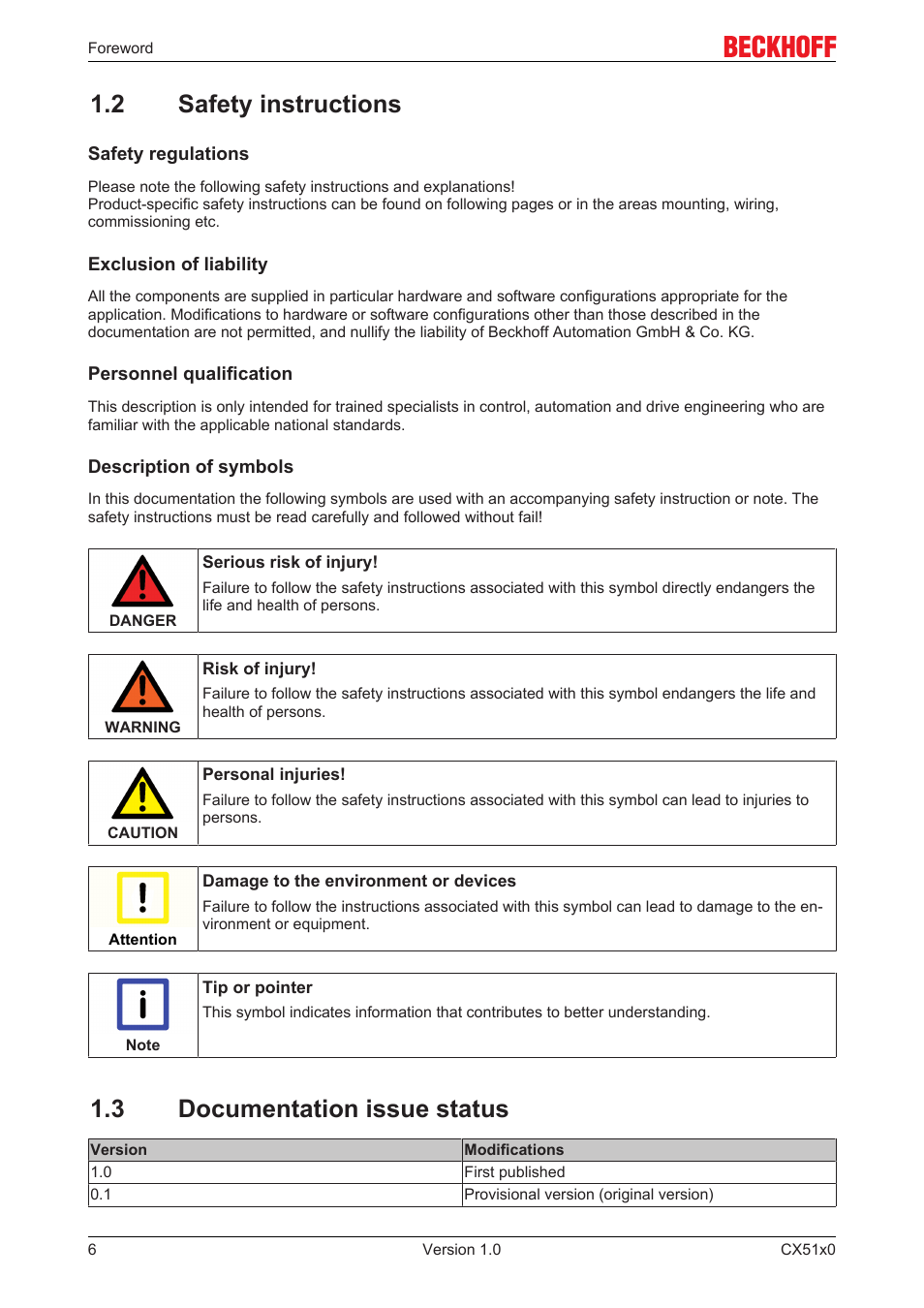 2 safety instructions, 3 documentation issue status | BECKHOFF CX51x0 User Manual | Page 6 / 87