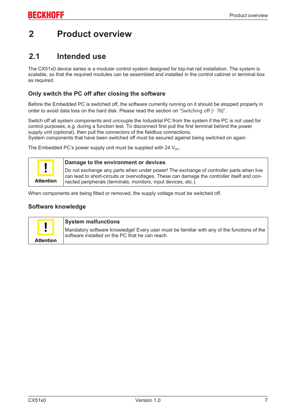 2 product overview, 1 intended use, 2product overview | BECKHOFF CX51x0 User Manual | Page 7 / 87