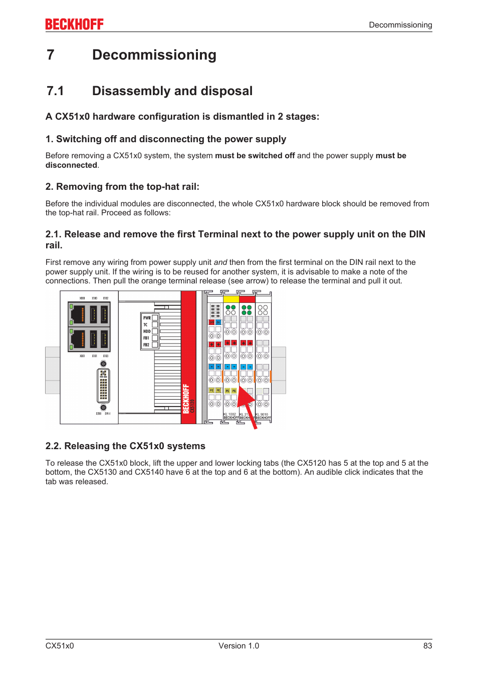 7 decommissioning, 1 disassembly and disposal, 7decommissioning | BECKHOFF CX51x0 User Manual | Page 83 / 87