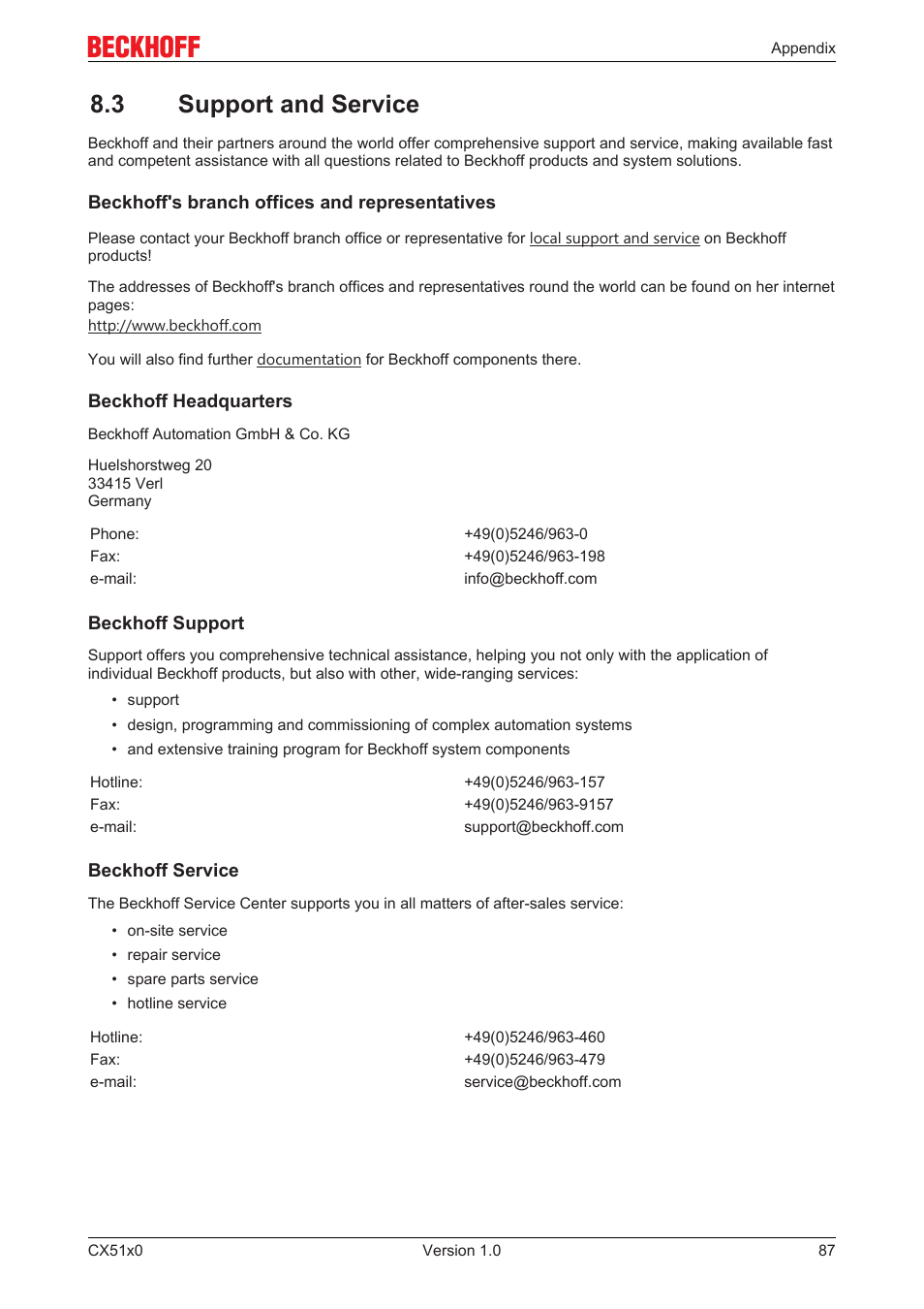 3 support and service | BECKHOFF CX51x0 User Manual | Page 87 / 87