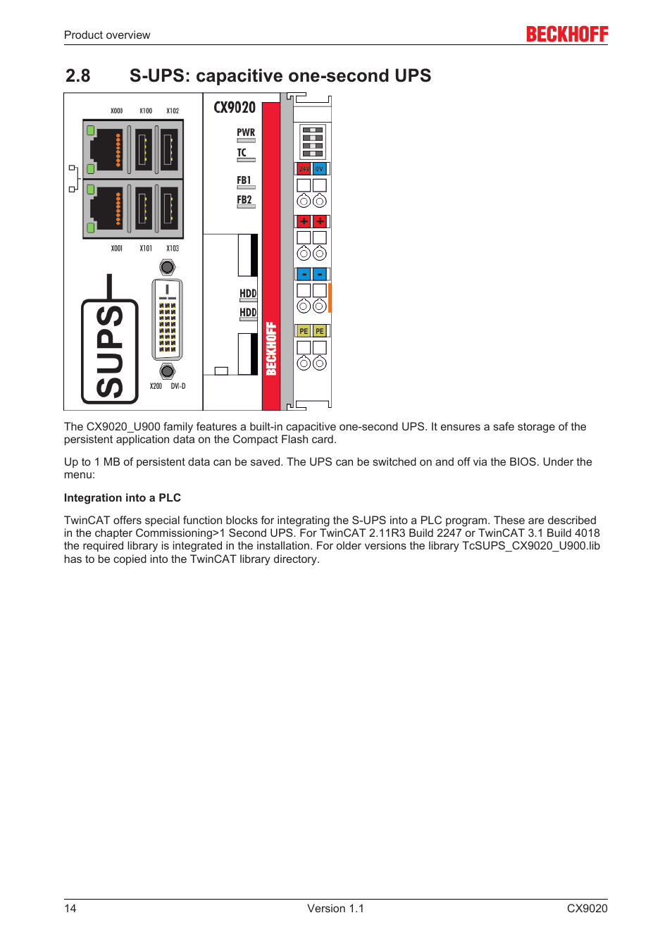 8 s-ups: capacitive one-second ups, 8 s­ups: capacitive one­second ups | BECKHOFF CX9020 User Manual | Page 14 / 48