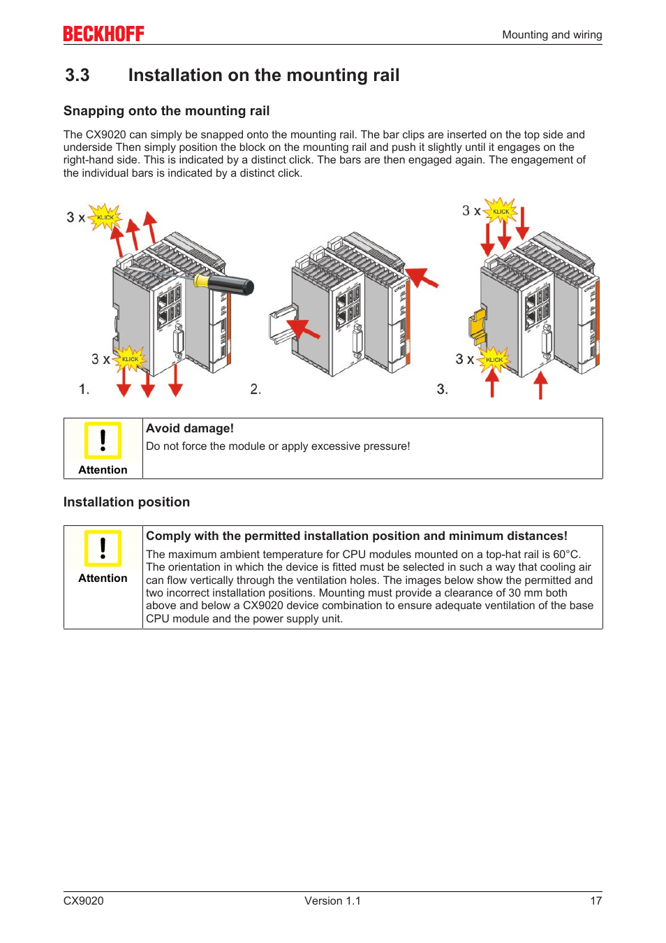 3 installation on the mounting rail | BECKHOFF CX9020 User Manual | Page 17 / 48