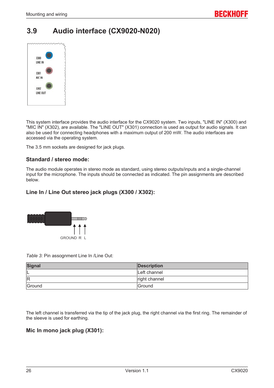 9 audio interface (cx9020-n020) | BECKHOFF CX9020 User Manual | Page 26 / 48