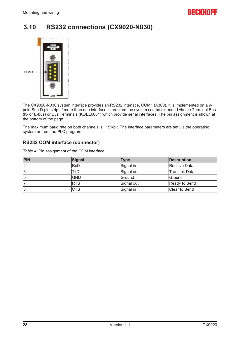 10 rs232 connections (cx9020-n030) | BECKHOFF CX9020 User Manual | Page 28 / 48