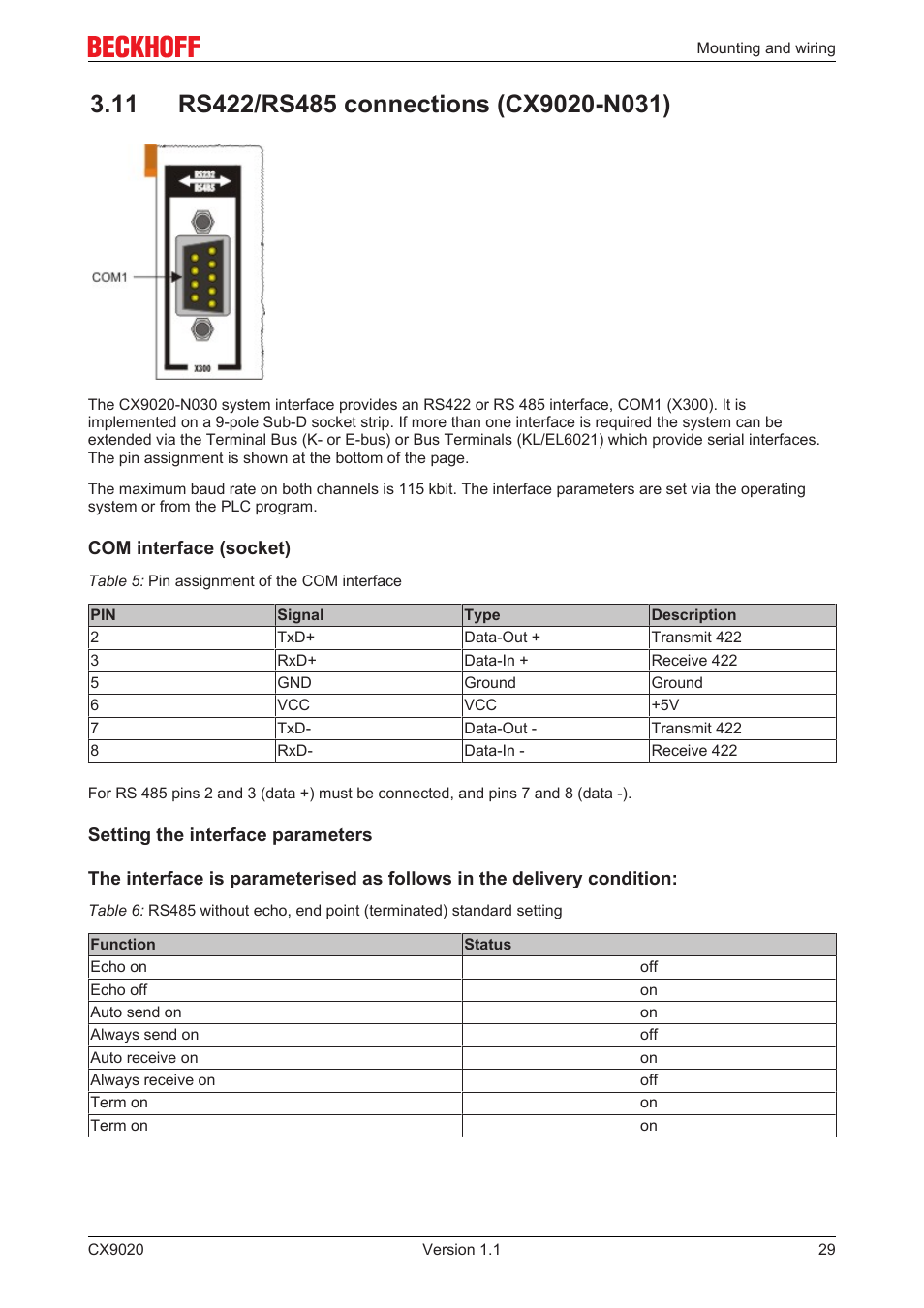 11 rs422/rs485 connections (cx9020-n031) | BECKHOFF CX9020 User Manual | Page 29 / 48