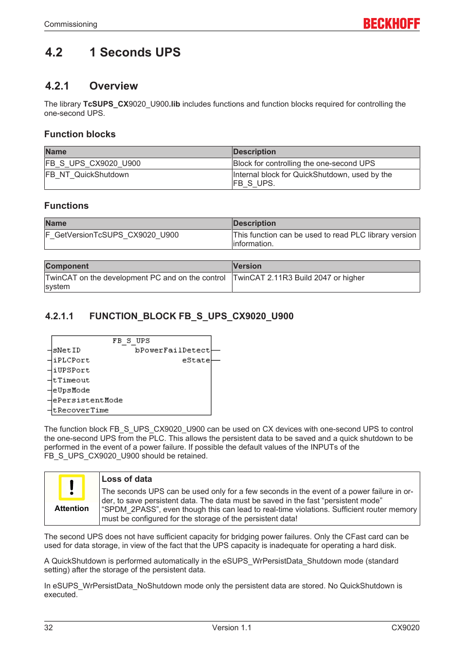 2 1 seconds ups, 1 overview, 1 function_block fb_s_ups_cx9020_u900 | BECKHOFF CX9020 User Manual | Page 32 / 48