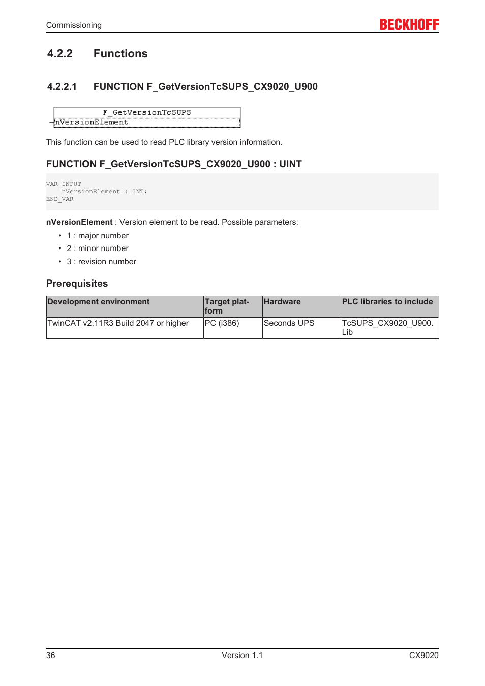 2 functions, 1 function f_getversiontcsups_cx9020_u900 | BECKHOFF CX9020 User Manual | Page 36 / 48