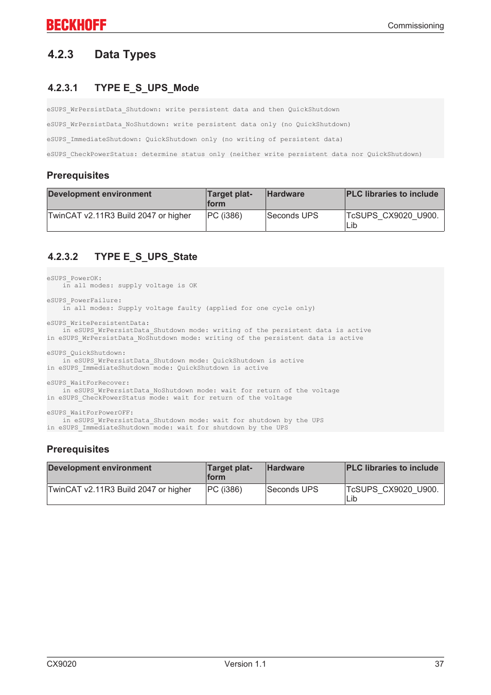 3 data types, 1 type e_s_ups_mode, 2 type e_s_ups_state | BECKHOFF CX9020 User Manual | Page 37 / 48