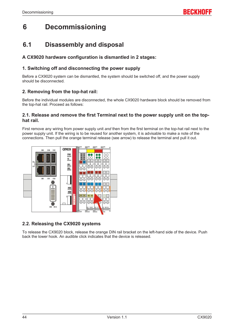 6 decommissioning, 1 disassembly and disposal, 6decommissioning | BECKHOFF CX9020 User Manual | Page 44 / 48