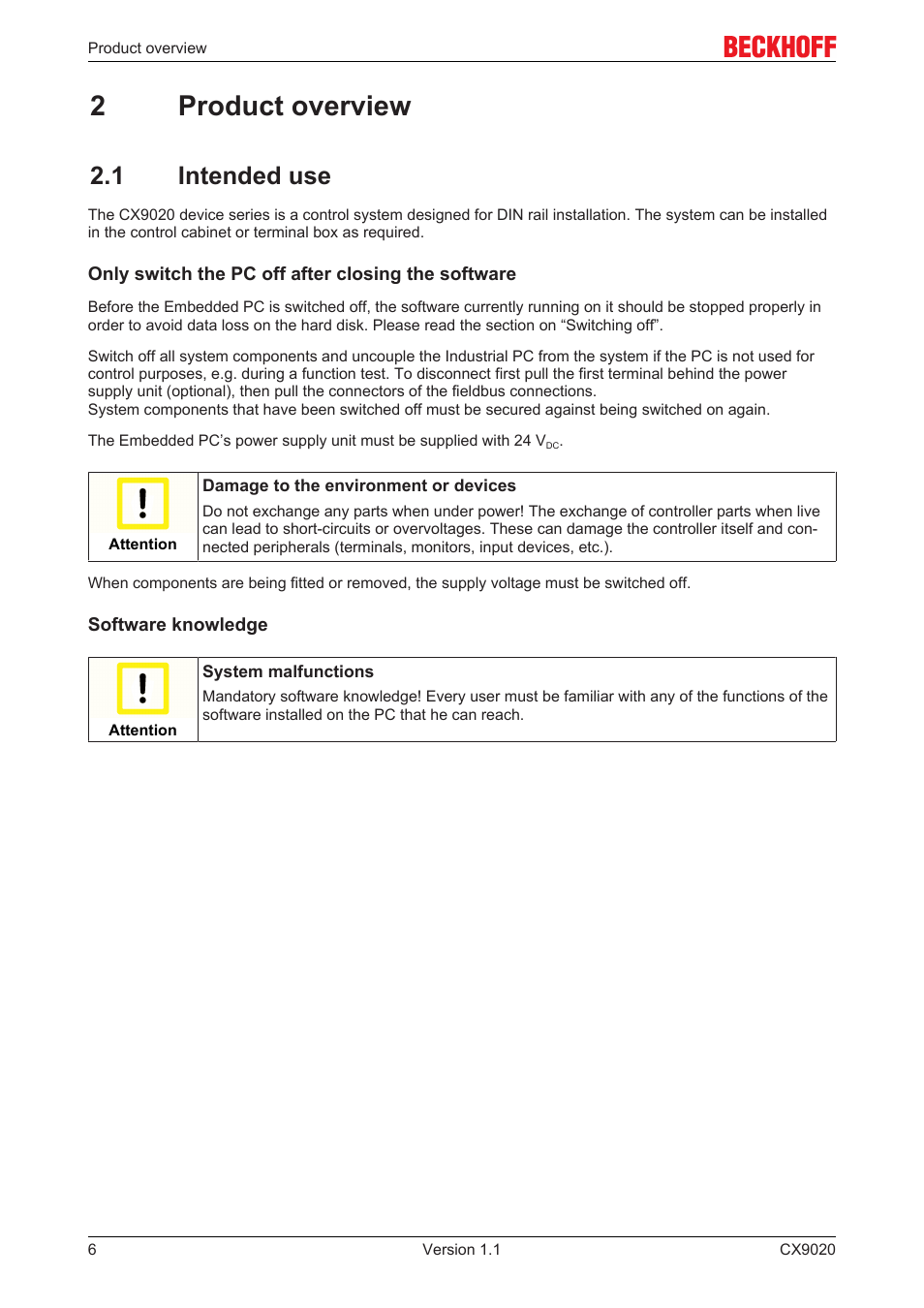 2 product overview, 1 intended use, 2product overview | BECKHOFF CX9020 User Manual | Page 6 / 48