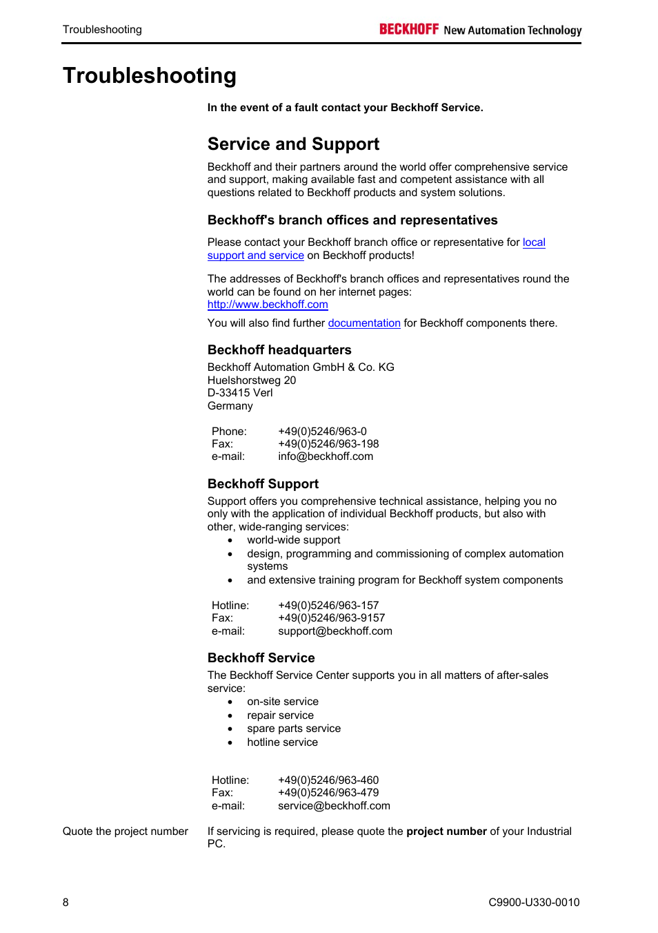 Troubleshooting, Service and support, Beckhoff's branch offices and representatives | Beckhoff headquarters, Beckhoff support, Beckhoff service, Troubleshooting 8 | BECKHOFF C9900-U330-0010 User Manual | Page 10 / 12