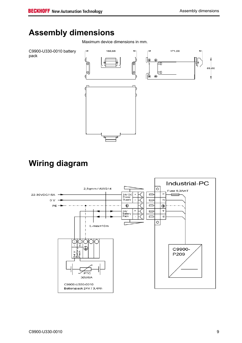 Assembly dimensions, Wiring diagram | BECKHOFF C9900-U330-0010 User Manual | Page 11 / 12