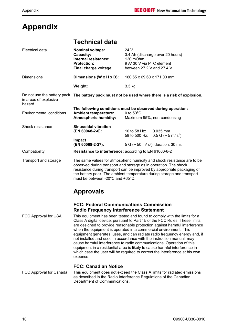 Appendix, Technical data, Approvals | Fcc: federal communications commission, Radio frequency interference statement, Fcc: canadian notice, Appendix 10, Approvals 10 | BECKHOFF C9900-U330-0010 User Manual | Page 12 / 12