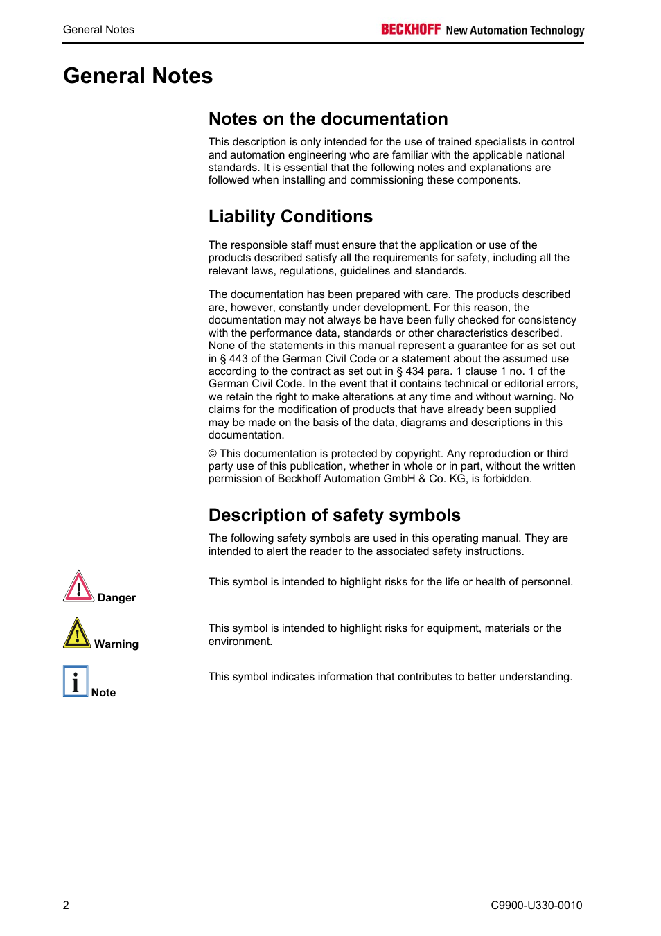 General notes, Notes on the documentation, Liability conditions | Description of safety symbols | BECKHOFF C9900-U330-0010 User Manual | Page 4 / 12