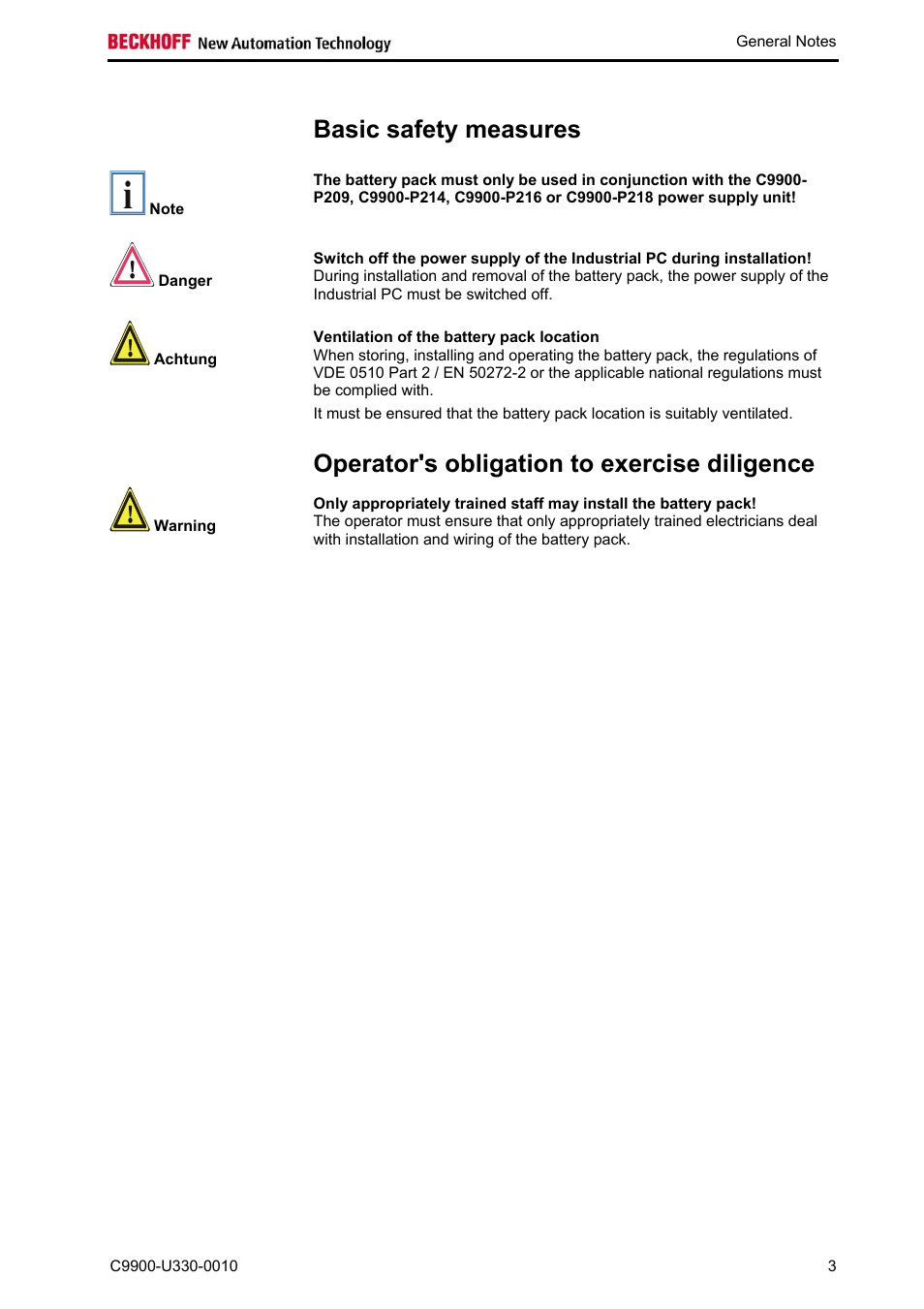 Basic safety measures, Ventilation of the battery pack location, Operator's obligation to exercise diligence | BECKHOFF C9900-U330-0010 User Manual | Page 5 / 12