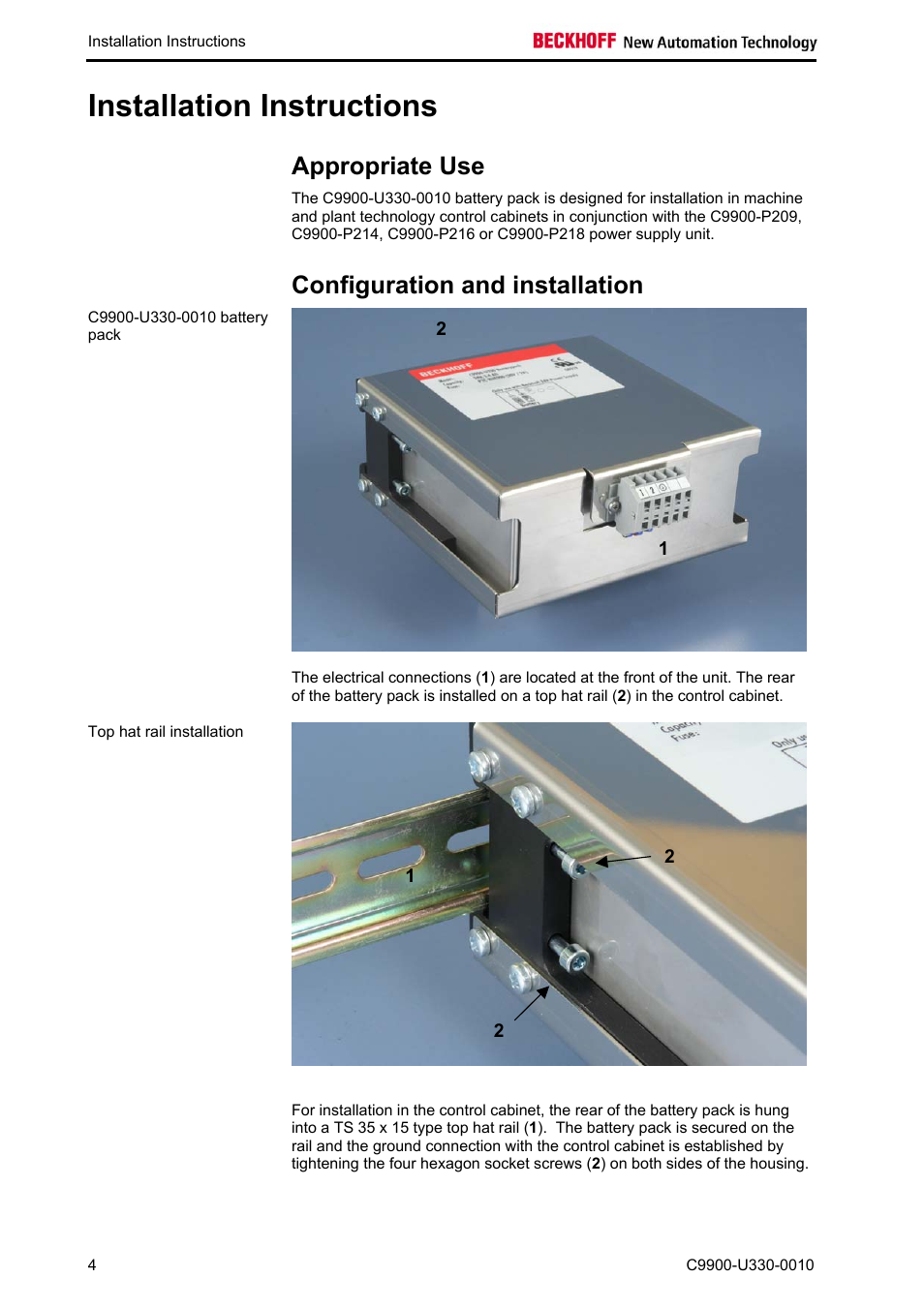 Installation instructions, Appropriate use, Configuration and installation | BECKHOFF C9900-U330-0010 User Manual | Page 6 / 12