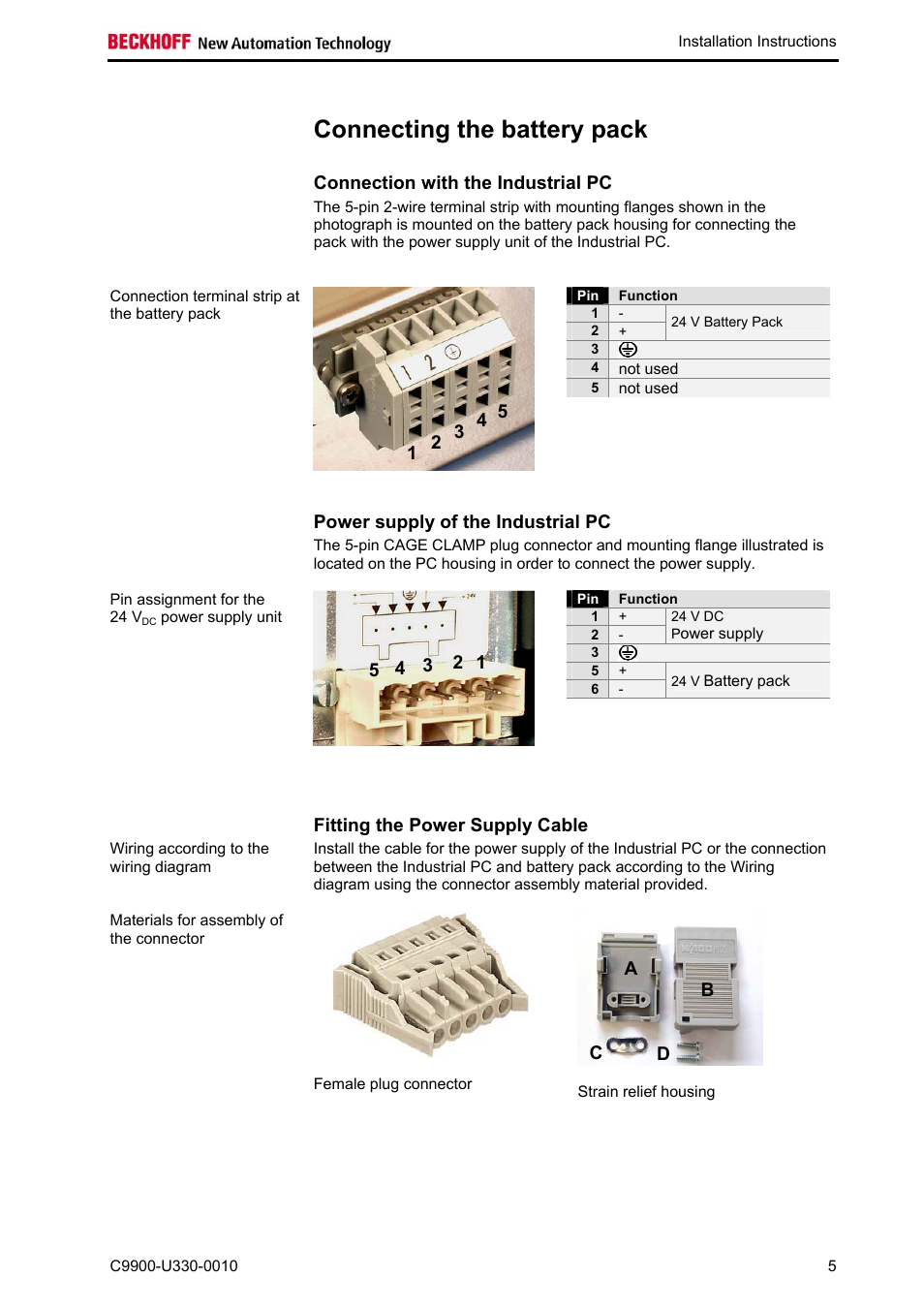 Connecting the battery pack, Connection with the industrial pc, Power supply of the industrial pc | Fitting the power supply cable | BECKHOFF C9900-U330-0010 User Manual | Page 7 / 12