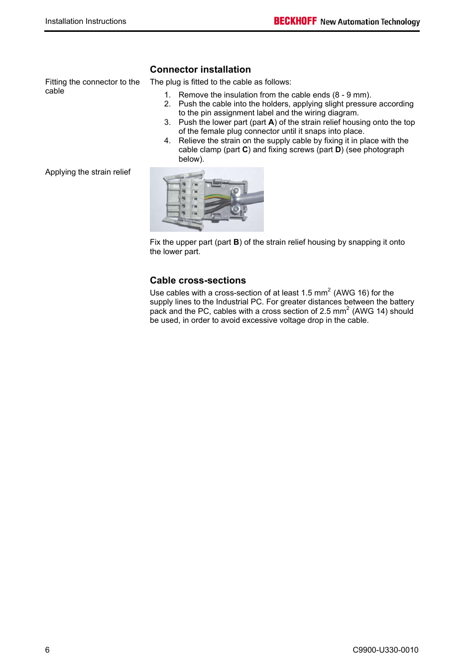 Connector installation, Cable cross-sections | BECKHOFF C9900-U330-0010 User Manual | Page 8 / 12