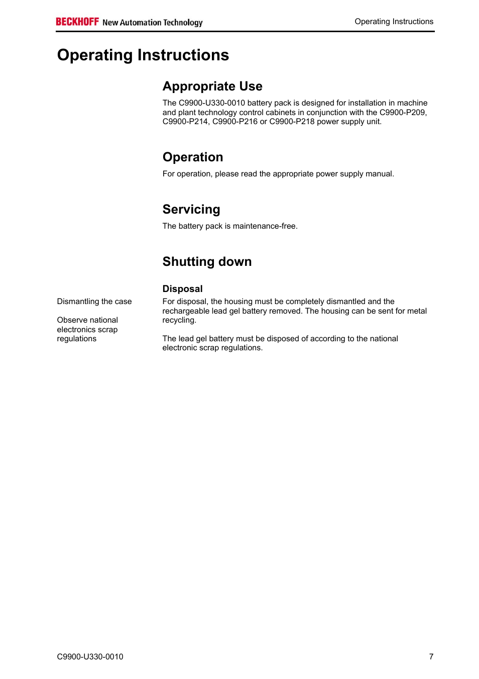 Operating instructions, Appropriate use, Operation | Servicing, Shutting down, Disposal, Operation 7 | BECKHOFF C9900-U330-0010 User Manual | Page 9 / 12