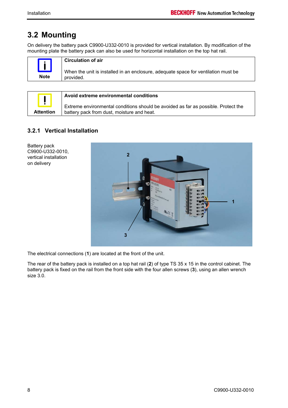 Mounting, Vertical installation, 2 mounting | BECKHOFF C9900-U332-0010 User Manual | Page 10 / 19