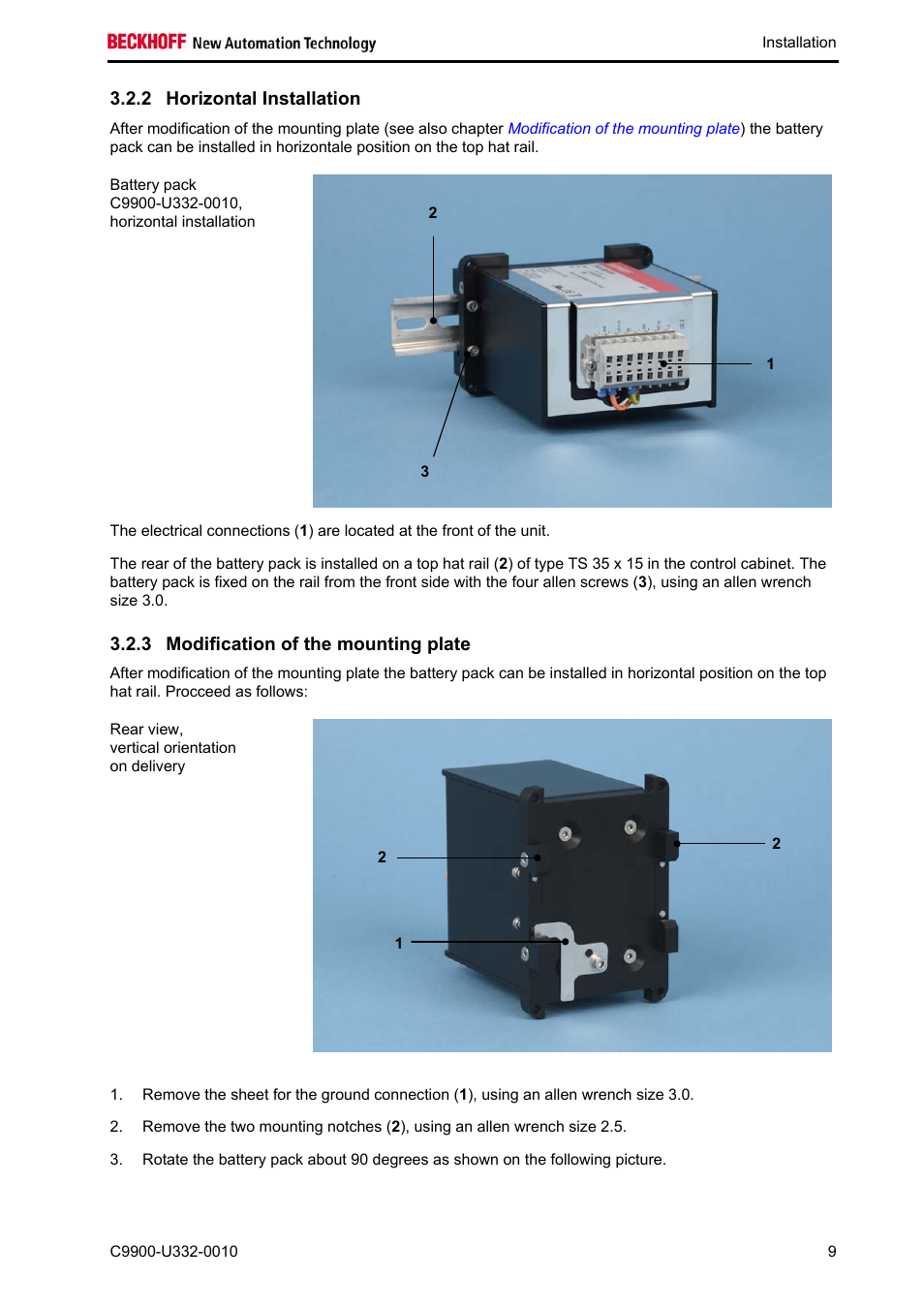 Horizontal installation, Modification of the mounting plate, 2 horizontal installation | 3 modification of the mounting plate | BECKHOFF C9900-U332-0010 User Manual | Page 11 / 19