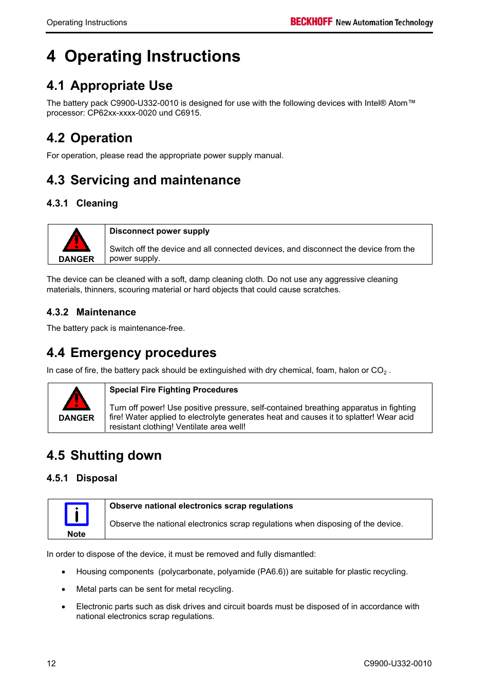 Operating instructions, Appropriate use, Operation | Servicing and maintenance, Cleaning, Maintenance, Emergency procedures, Shutting down, Disposal, Operation 12 | BECKHOFF C9900-U332-0010 User Manual | Page 14 / 19