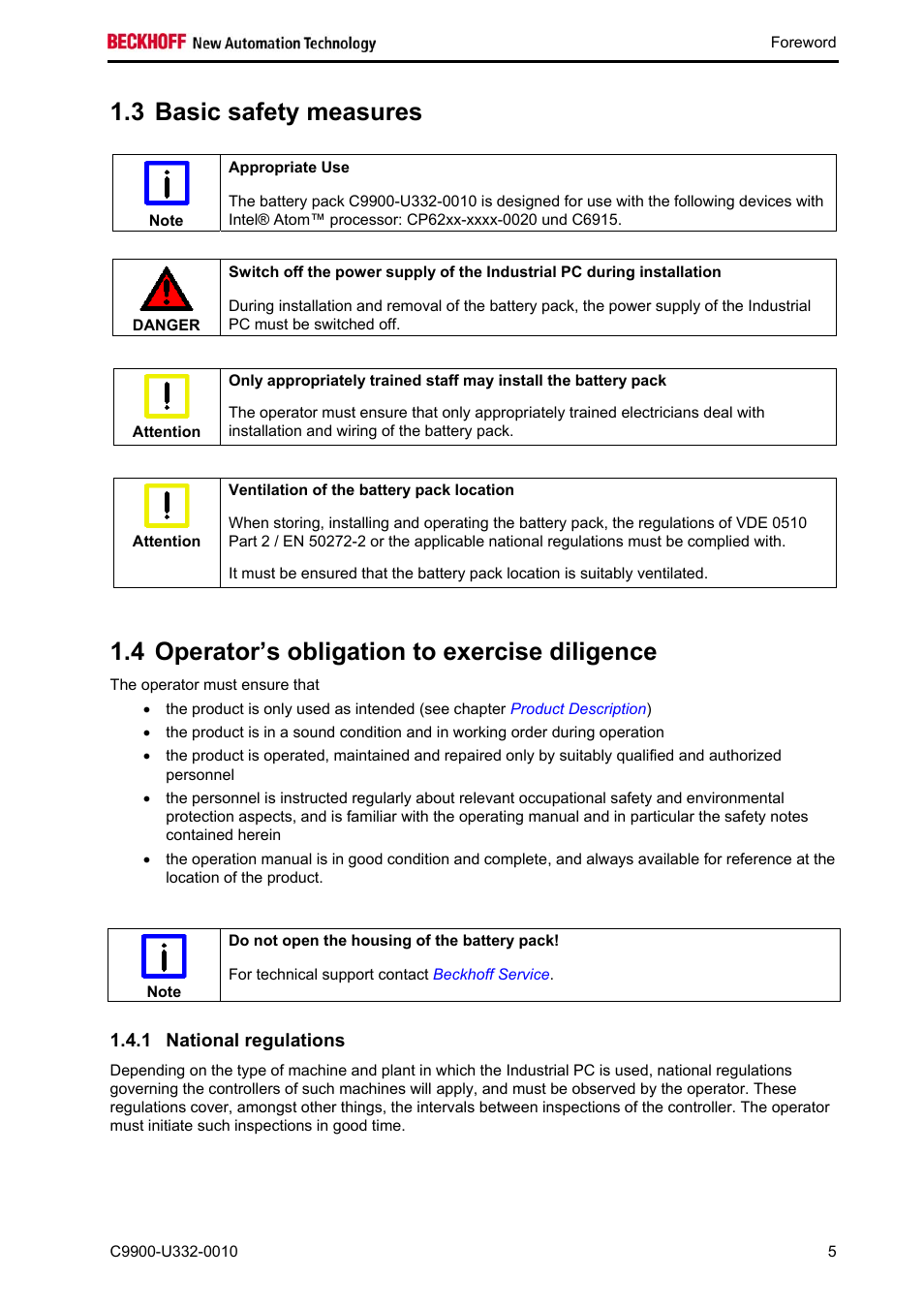 Basic safety measures, Operator’s obligation to exercise diligence, National regulations | 3 basic safety measures, 4 operator’s obligation to exercise diligence | BECKHOFF C9900-U332-0010 User Manual | Page 7 / 19