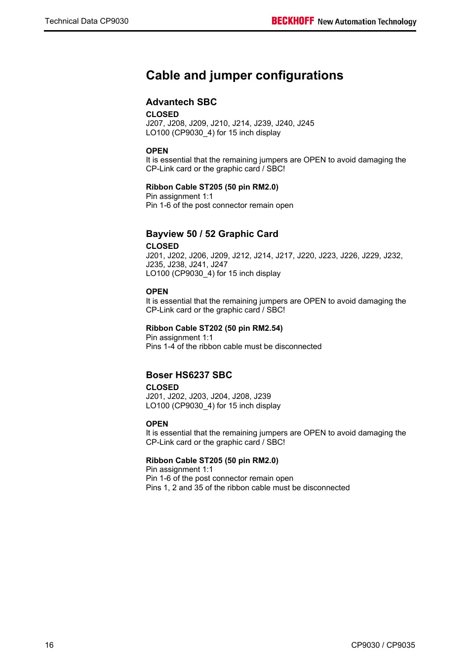 Cable and jumper configurations, Advantech sbc, Bayview 50 / 52 graphic card | Boser hs6237 sbc | BECKHOFF CP9030 User Manual | Page 15 / 39