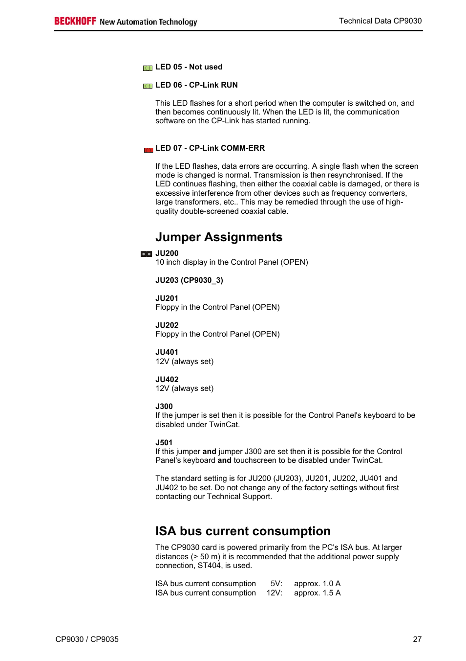 Led 05 - not used, Led 06 - cp-link run, Led 07 - cp-link comm-err | Jumper assignments, Isa bus current consumption | BECKHOFF CP9030 User Manual | Page 26 / 39