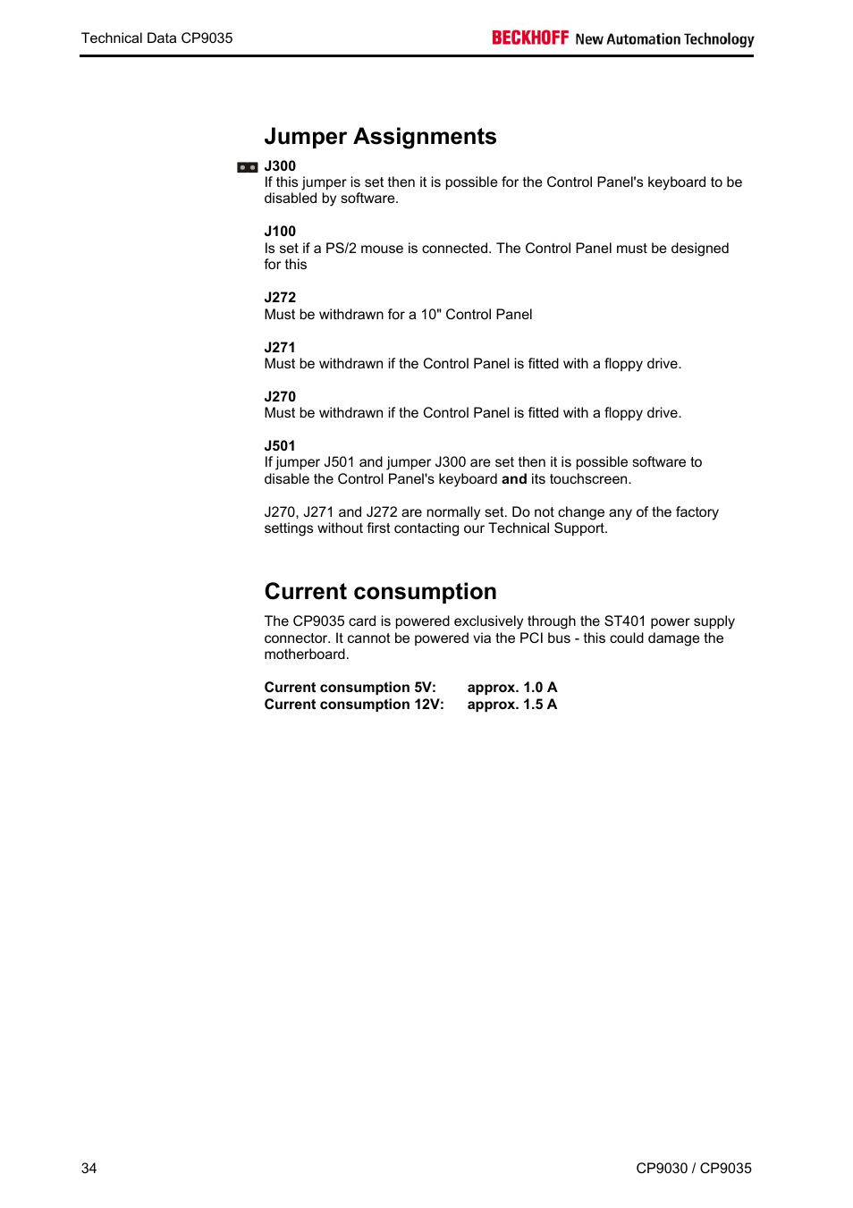 Jumper assignments, Current consumption | BECKHOFF CP9030 User Manual | Page 33 / 39