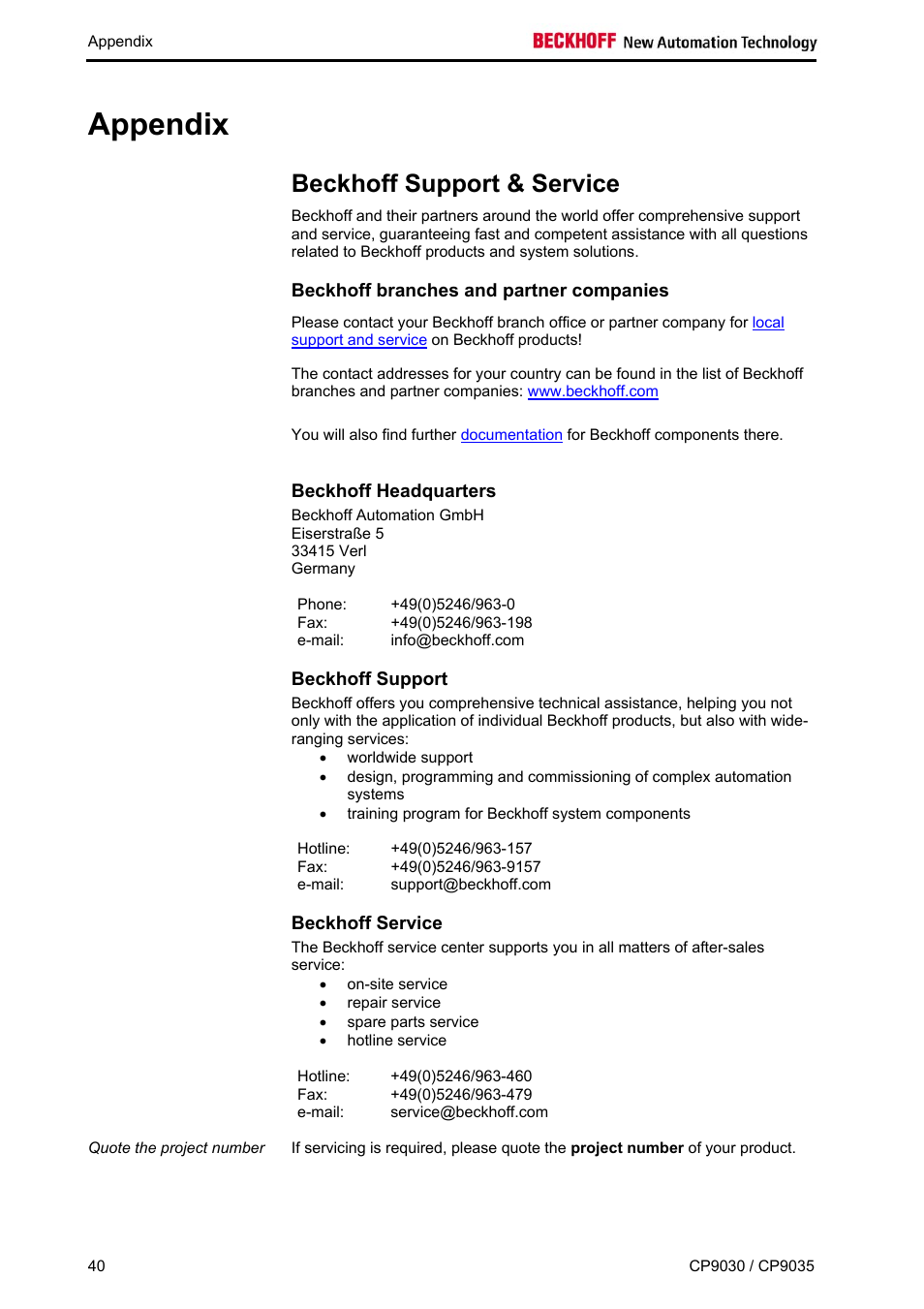 Appendix, Beckhoff support & service, Beckhoff branches and partner companies | Beckhoff headquarters, Beckhoff support, Beckhoff service, Appendix 40 | BECKHOFF CP9030 User Manual | Page 39 / 39