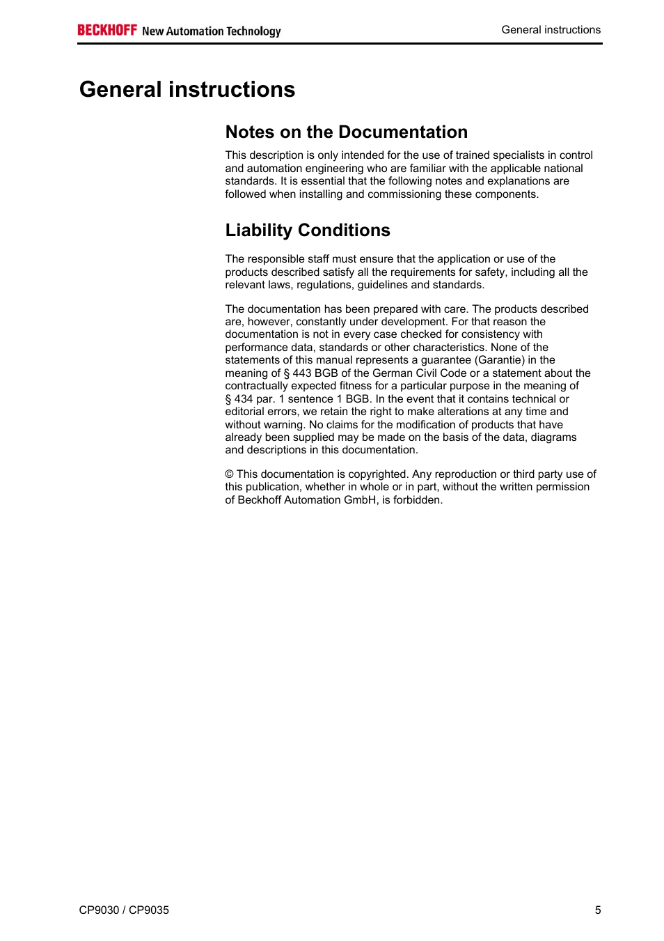 General instructions, Notes on the documentation, Liability conditions | BECKHOFF CP9030 User Manual | Page 4 / 39