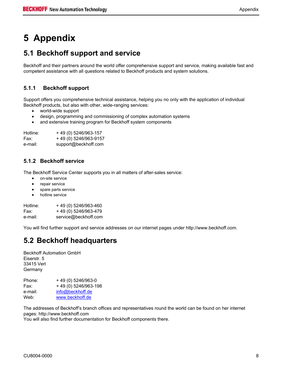 5 appendix, 1 beckhoff support and service, 2 beckhoff headquarters | BECKHOFF CU8004-0000 User Manual | Page 10 / 10