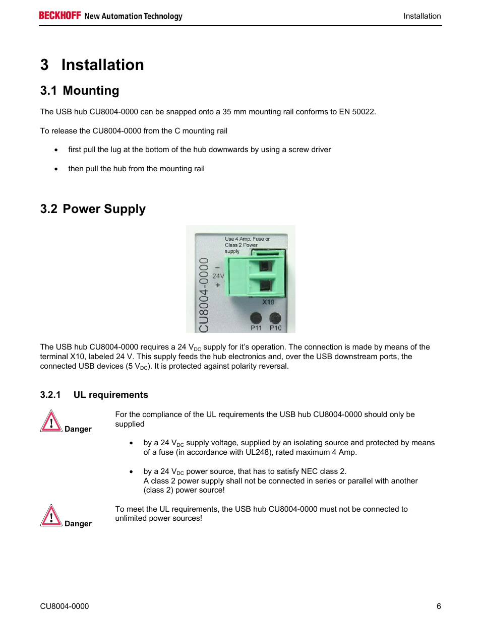 3 installation, 1 mounting, 2 power supply | BECKHOFF CU8004-0000 User Manual | Page 8 / 10