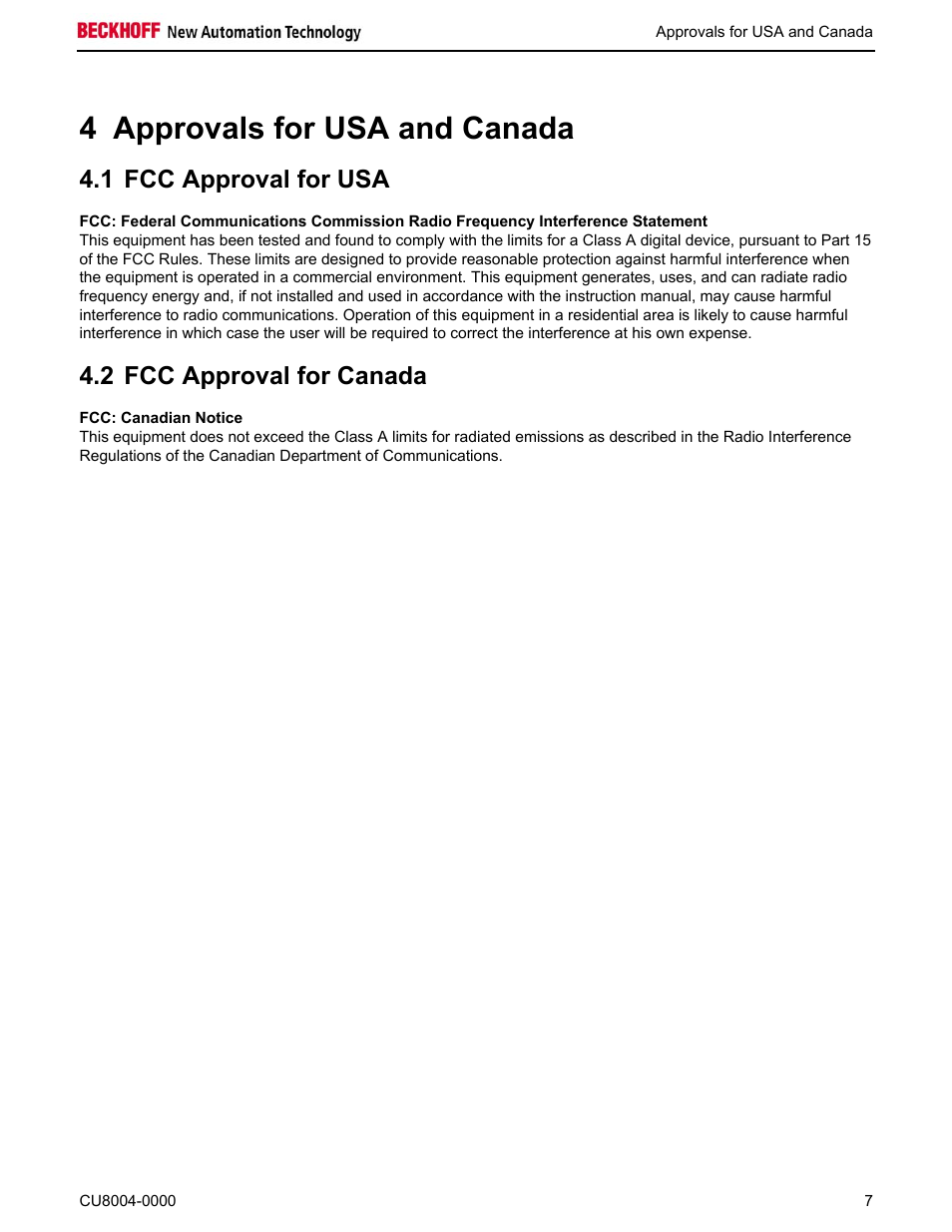 4 approvals for usa and canada, 1 fcc approval for usa, 2 fcc approval for canada | BECKHOFF CU8004-0000 User Manual | Page 9 / 10