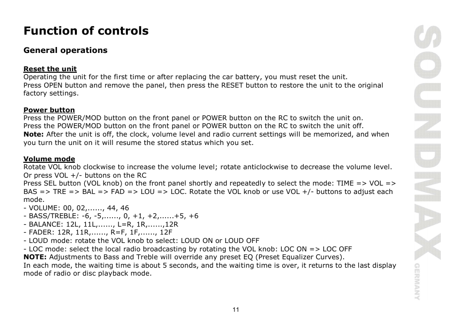 Function of controls | SoundMax SM-CDM1030 User Manual | Page 11 / 39