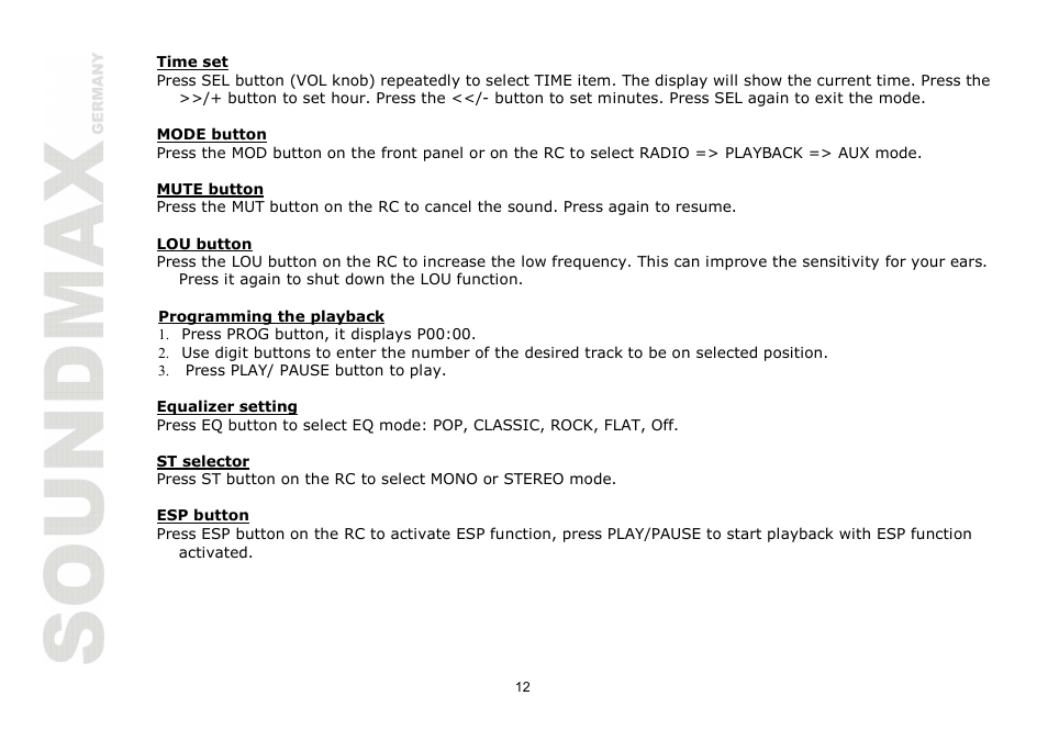 SoundMax SM-CDM1030 User Manual | Page 12 / 39
