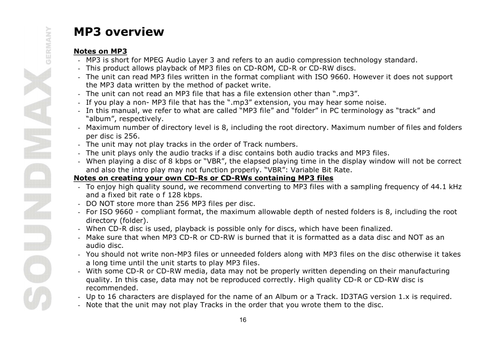 Mp3 overview | SoundMax SM-CDM1030 User Manual | Page 16 / 39